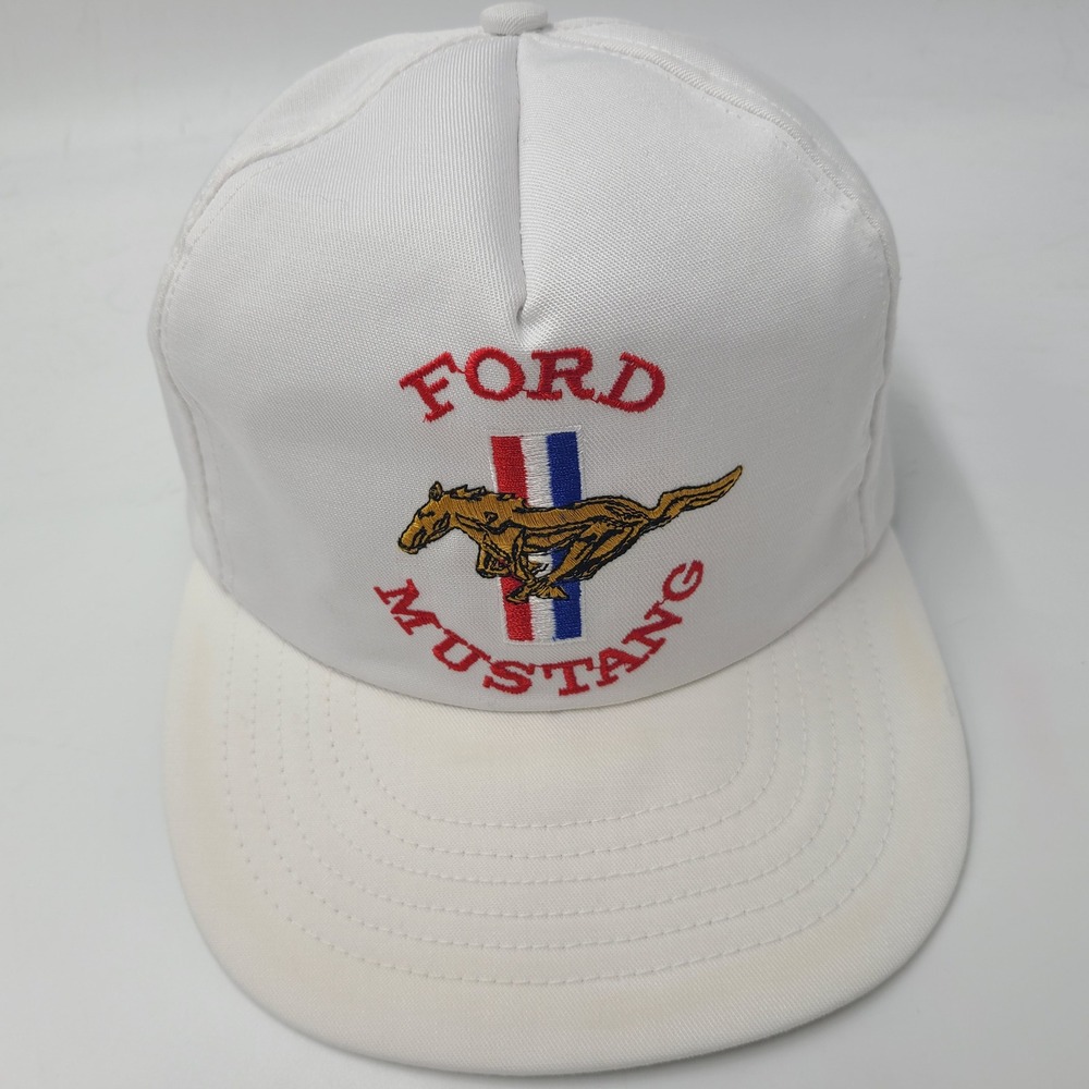 Vintage Ford Mustang Hat Snapback White Red Blue Tri-Bar Pony Logo Car Promo Men